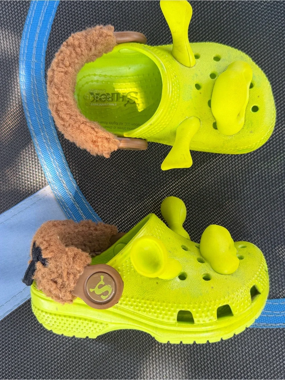 CROCS Kids Neon Lime Clog Sandals with Brown Faux Fur Trim